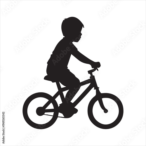 Silhouette of a young boy riding a bicycle on a white background