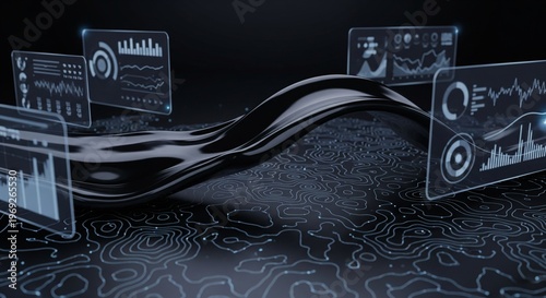 Abstract 3D visualization of digital data streams with glowing charts and graphs against a dark topographic background, representing technology and analytics
