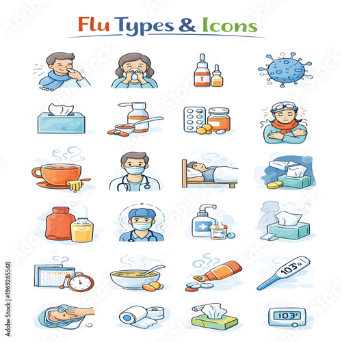Flu Illness Concept – Influenza Virus, Fever and Sick Patient Healthcare Illustration