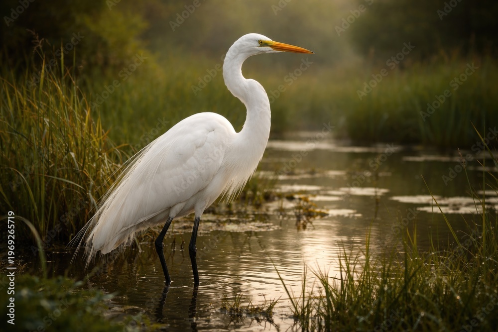Obraz premium Beautiful Great Egret standing gracefully in natural wetland habitat