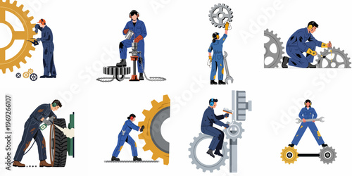 Set of industrial workers and mechanics in blue overalls performing various maintenance tasks on large gears and machinery in a workshop environment.