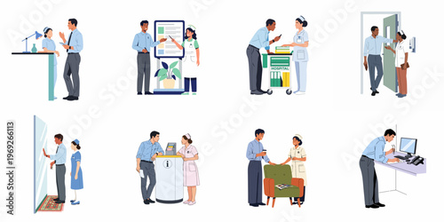Set of flat vector illustrations depicting medical professionals and office staff interacting in various hospital and healthcare clinic environments.