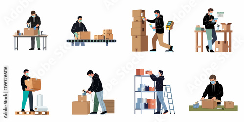 Warehouse Workers in Face Masks Packing, Shipping, and Organizing Boxes, Set of Flat Vector Illustrations for Logistics and E-commerce Concepts.