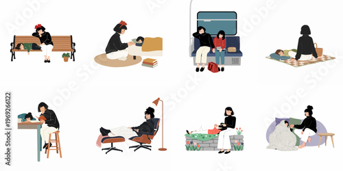 Collection of flat minimalist illustrations depicting the tender daily relationship and various caring activities shared between a mother and her young daughter.