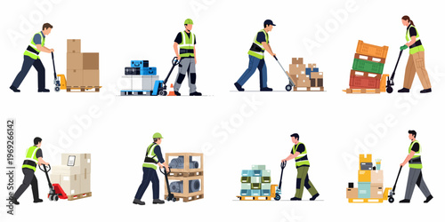 Collection of flat vector illustrations featuring industrial workers using hand pallet trucks to move cargo boxes and crates in a warehouse environment.
