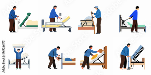 Set of illustrations showing men adjusting different types of hospital and adjustable beds using various manual and electronic mechanisms.