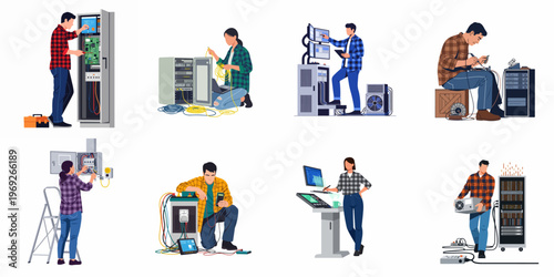 Set of Flat Vector Illustrations Showing Professional Electricians and IT Technicians Performing Maintenance, Repairs, and Hardware Installations in Various Industrial Settings.