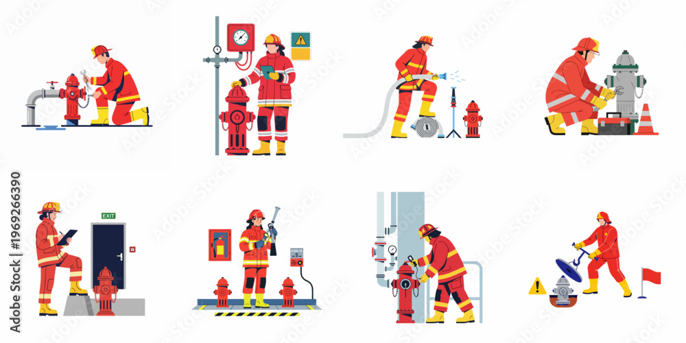 Fototapeta premium Set of illustrations depicting professional firefighters performing inspections, maintenance, and testing of fire hydrants and various fire safety equipment.