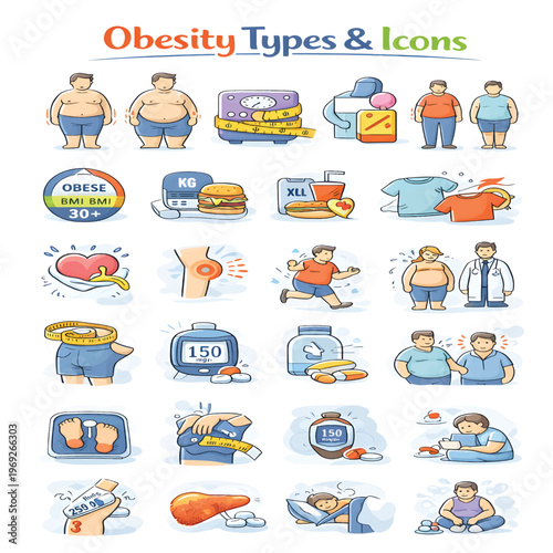 Obesity Type Icons Set, Weight Management and Health Condition Symbols Collection, Body Fat and Nutrition Line Icons, Medical Wellness Vector Pack