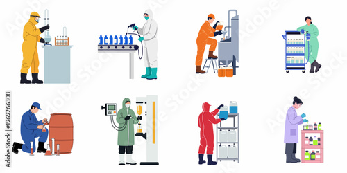 Set of industrial factory workers and laboratory technicians wearing protective gear, handling chemicals and bottling equipment in a flat vector style.