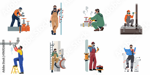 Flat illustration set of industrial workers in respirators performing maintenance, repairs, and inspections on pipes and valves in a factory or plant.