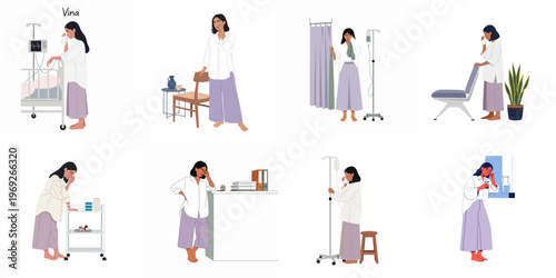 Set of vector illustrations depicting a sad and weary female patient in various hospital scenes, showing emotions of grief, fatigue, and recovery.