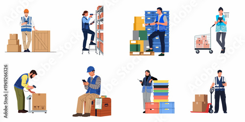 Set of Warehouse Workers and Logistics Personnel Performing Inventory Management and Package Handling Tasks in a Flat Illustration Style