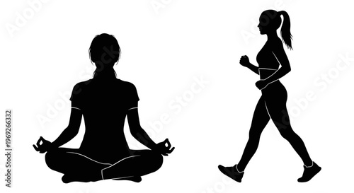 Black silhouettes of woman meditating, woman running, yoga, fitness icons, vector graphics