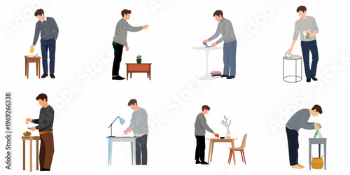 Collection of flat vector illustrations showing a young man performing various domestic tasks and interacting with furniture in a home setting.