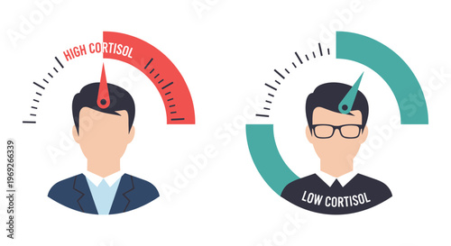 Cortisol level icons, stress and anxiety infographic elements, hormone imbalance illustrations, vector graphics