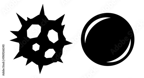 Black spiky ball, solid sphere, vector icons, geometric shapes