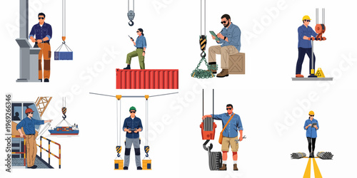 Flat vector illustrations of diverse industrial and logistics workers operating cranes, managing cargo, and overseeing port operations on a white background.