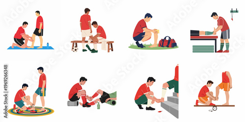 Collection of illustrations depicting sports physical therapy, injury treatment, and rehabilitation for athletes, focusing on leg and foot care.