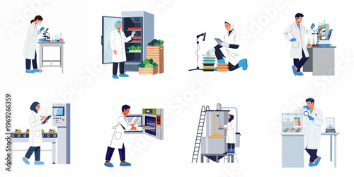 Set of illustrations featuring food scientists and laboratory workers performing quality control, safety testing, and research in the food production industry.