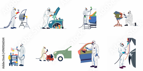 Set of professional auto painters in protective suits working on various car body parts using spray guns in a garage setting.