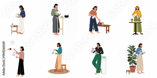 Collection of stylish flat vector illustrations featuring women pouring beverages from pitchers into glasses in various domestic settings.