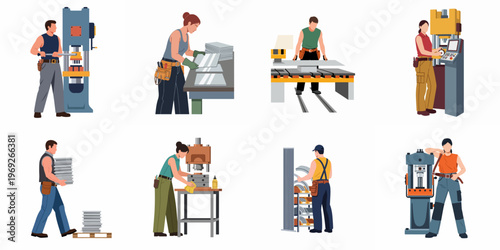 Set of Flat Vector Illustrations Featuring Diverse Factory Workers Operating Industrial Machinery and Handling Materials in a Manufacturing Plant Environment.