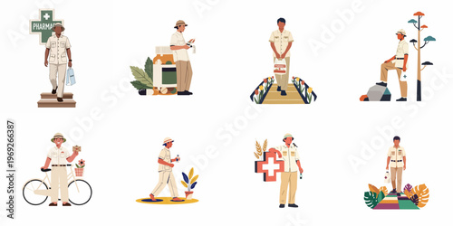 Set of vector illustrations showing a pharmacy delivery person distributing medications and healthcare supplies in various outdoor and indoor settings.
