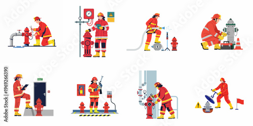 Set of illustrations depicting professional firefighters performing inspections, maintenance, and testing of fire hydrants and various fire safety equipment.