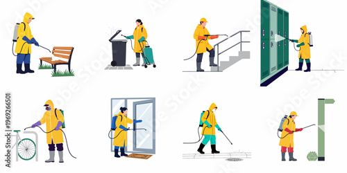 Workers in Yellow Hazmat Suits Disinfecting Various Public and Private Spaces to Ensure Hygiene and Safety