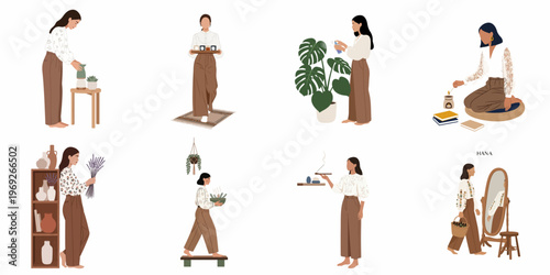 Minimalist illustrations of women practicing self-care, mindfulness, and home wellness rituals in a calm, aesthetic, and earthy-toned flat art style.