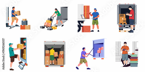 Flat vector illustration set of logistics workers and couriers loading, unloading, and scanning packages for delivery and cargo transportation services.