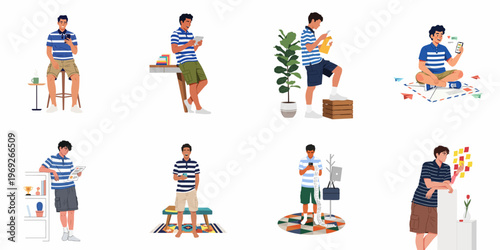 Flat Illustration Collection of a Young Man in Various Daily Situations Using Technology and Reading