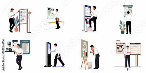 Set of illustrations depicting a professional businessman interacting with various information boards, digital kiosks, and schedules in a modern office environment.