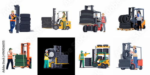 A series of illustrations showing warehouse workers operating forklifts to transport and manage large stacks of vehicle tires in an industrial setting.