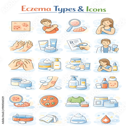 Eczema Type Icons Set, Skin Allergy and Dermatitis Symptoms Collection, Skin Irritation and Rash Line Icons, Dermatology Medical Vector Pack