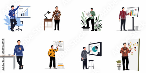 Set of diverse Indonesian male professionals wearing traditional batik shirts while working, presenting charts, and brainstorming in various office scenarios.