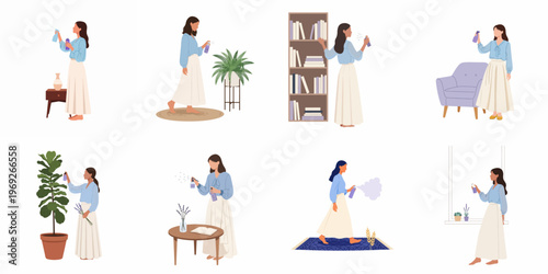 Set of Illustrations Featuring a Woman Using Air Freshener and Room Spray in Various Home Scenarios for a Fresh and Pleasant Atmosphere