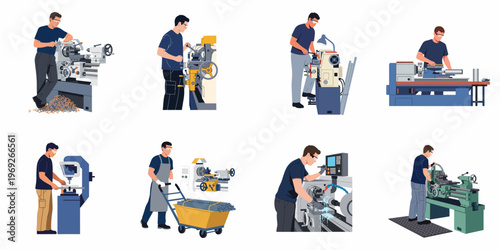 Collection of flat vector illustrations showing diverse industrial workers operating metalworking machinery like lathes, CNC machines, and milling equipment in a workshop setting.