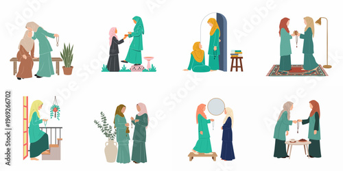 Flat illustration set of Muslim women celebrating Islamic traditions, praying, greeting family, and exchanging gifts during Ramadan or Eid festivities.