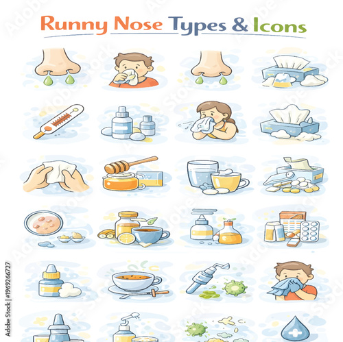 Runny Nose Type Icons Set, Nasal Allergy and Cold Symptoms Collection, Flu and Respiratory Illness Line Icons, Medical Health Vector Pack