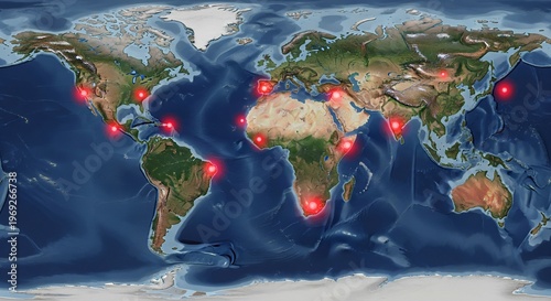 Global Distribution of Financial Markets Highlighted on a World Map with Red Indicators of Economic Activity and Investment Hubs