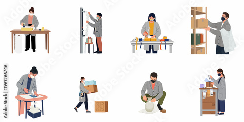 Warehouse workers wearing face masks packing, labeling, and organizing parcels for delivery, illustrating e-commerce order fulfillment and logistics operations.