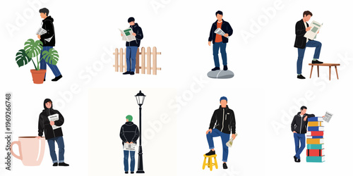 Set of flat vector illustrations featuring men reading or holding newspapers in various outdoor and indoor scenarios.