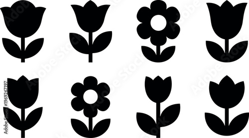 Flower silhouette icon set with tulip and floral shapes in minimalist black vector style