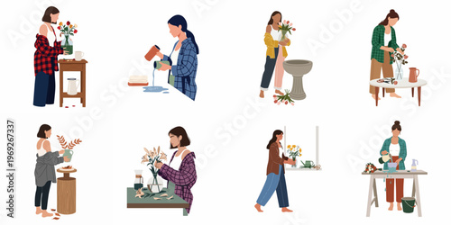 Flat vector illustration set of women arranging flowers, pouring water, and decorating with floral bouquets in various home settings.