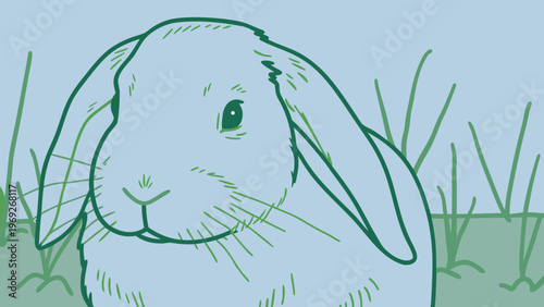 Cute lop-eared rabbit with soft fur looks peacefully from a grassy background.