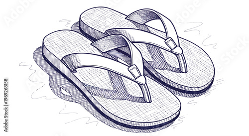Beach summer vacation naive outline sketch vector illustration of flip flops