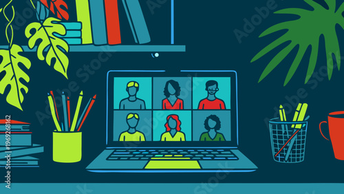 Laptop displays a video conference with diverse participants on a home office desk.