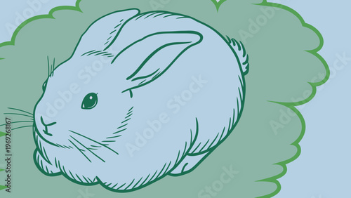 Rabbit illustration rests on a stylized green cloud shape.